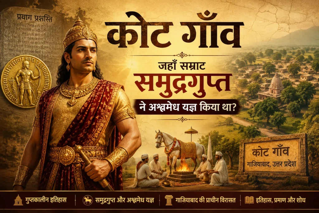 गाज़ियाबाद के कोट गाँव का ऐतिहासिक चित्रण, जहाँ स्थानीय परंपरा के अनुसार सम्राट समुद्रगुप्त ने कोट कुलजम पर विजय के बाद अश्वमेध यज्ञ किया था।